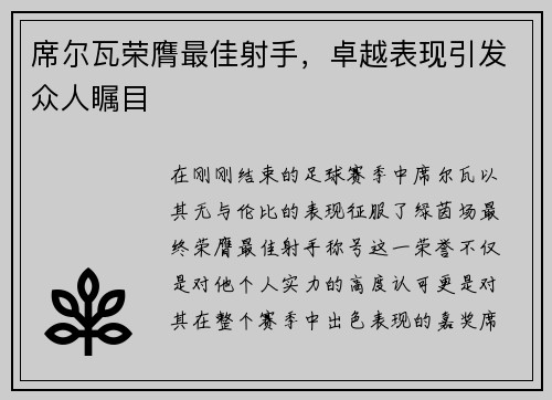 席尔瓦荣膺最佳射手，卓越表现引发众人瞩目